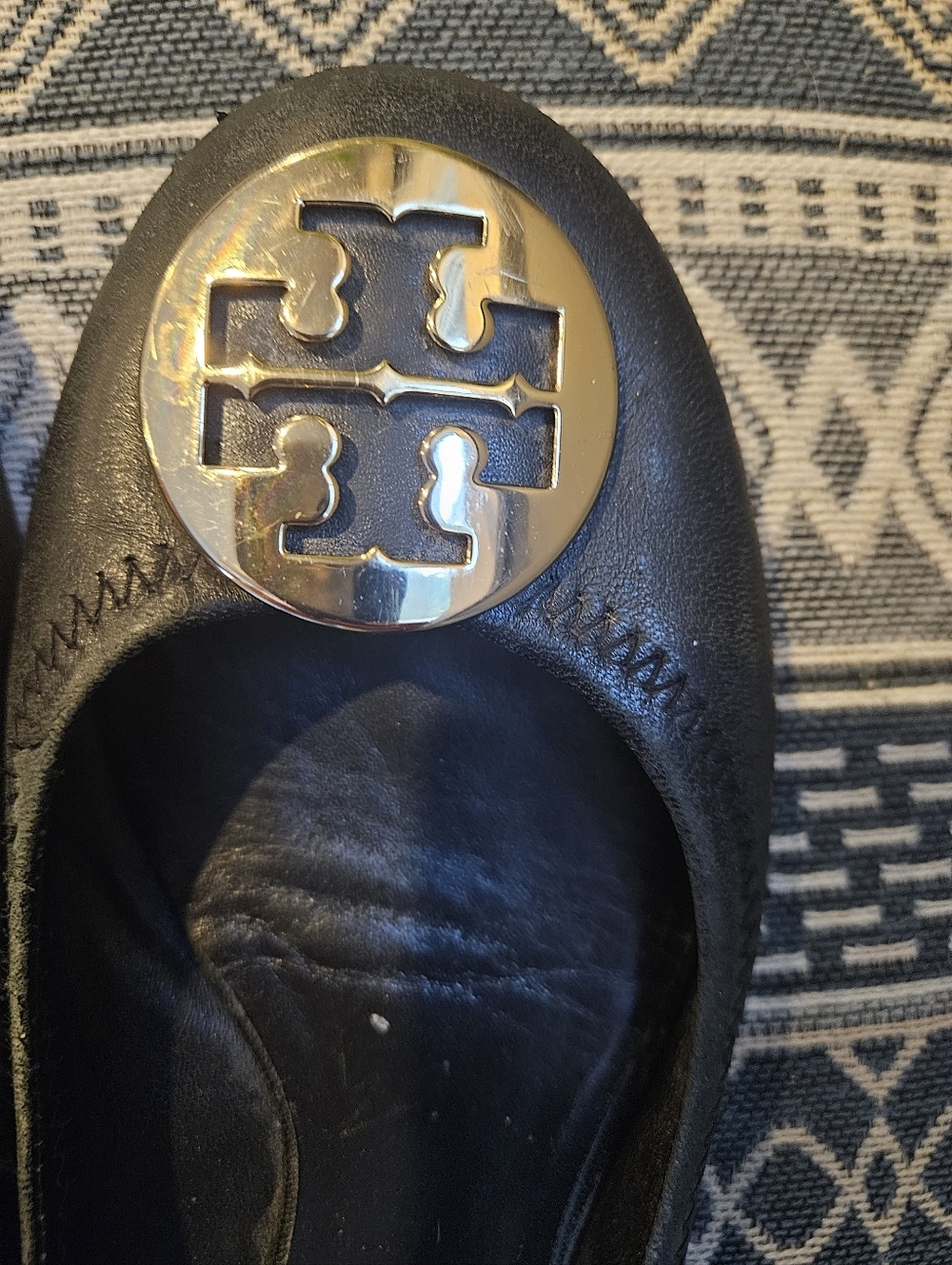 Tory Burch Black Leather Ballet Flats with Gold Logo Medallion - Picture 2 of 13